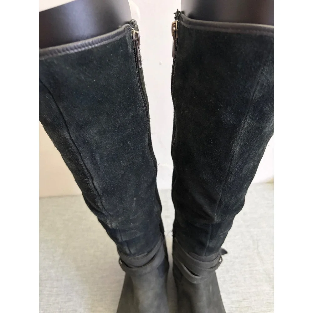 UGG Tall Boots Womens 8 Black Simmens Waterproof Suede Leather Wedge‎ Buckle